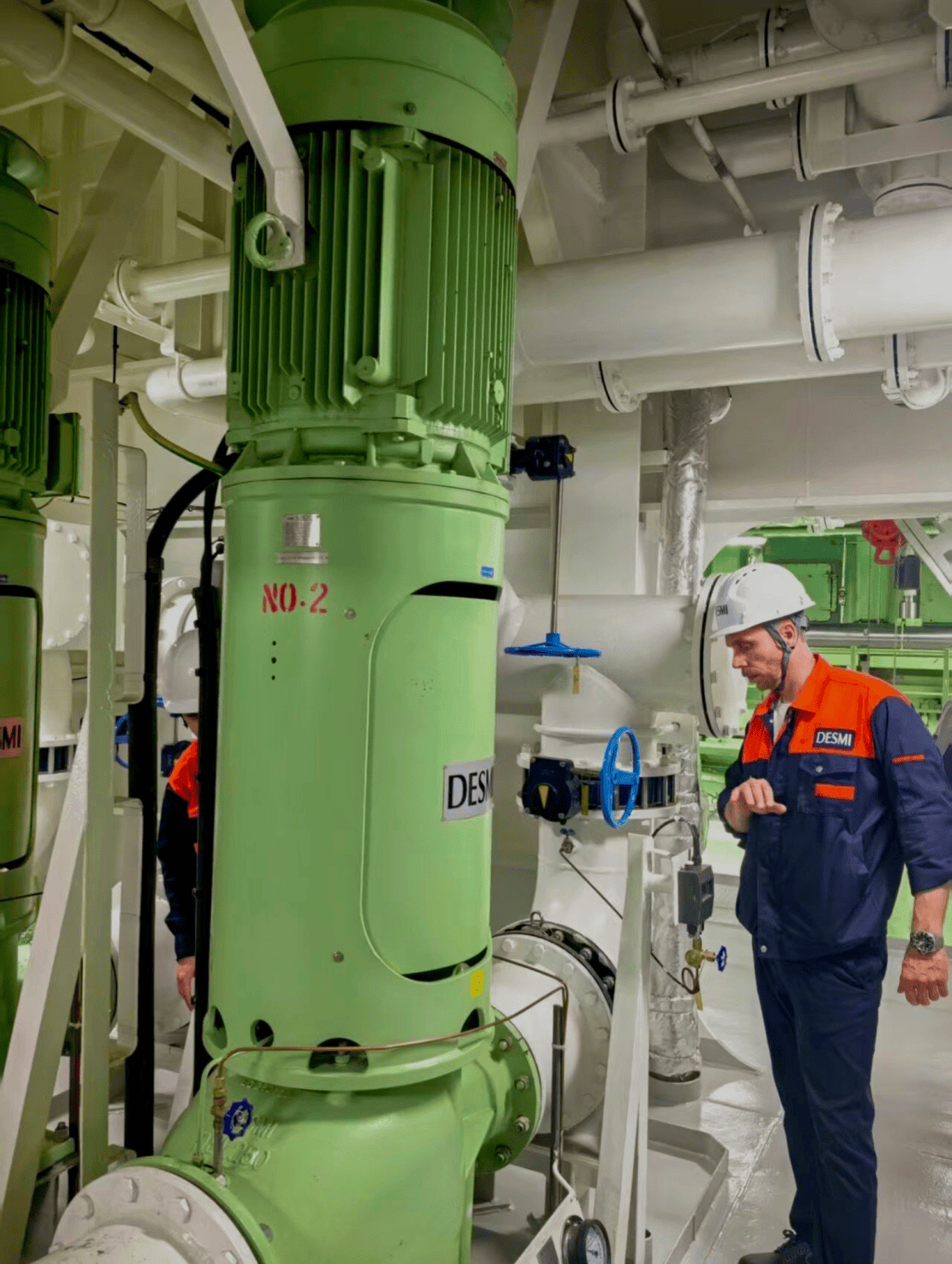 DESMI-pumpe i maskinrummet med servicetekniker