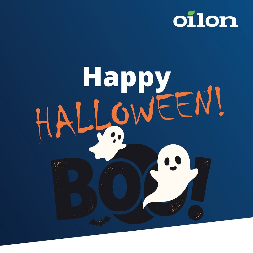 Halloween-grafikkur frá Oilon við tekstinum Happy Halloween, Boo og tveimum spøkilsum